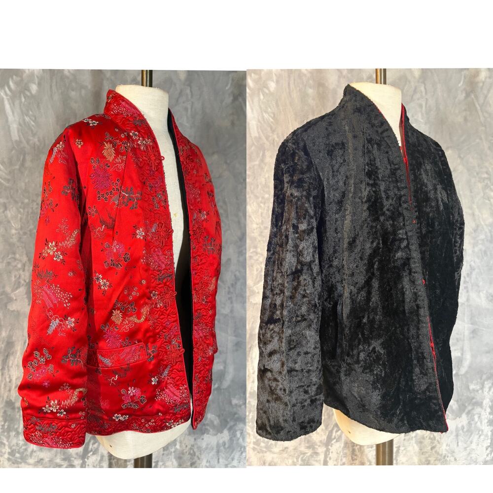 Vintage 60's Reversable Red Satin Tang Jacket S Black Faux‎ Fur Chinese Pagoda